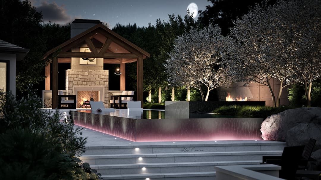 3D rendering — pool and hardscape layout perspective